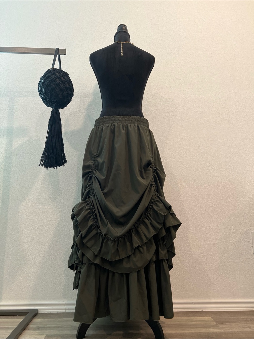 Tiered Olive Green Maxi Skirt with Ruffle Detail